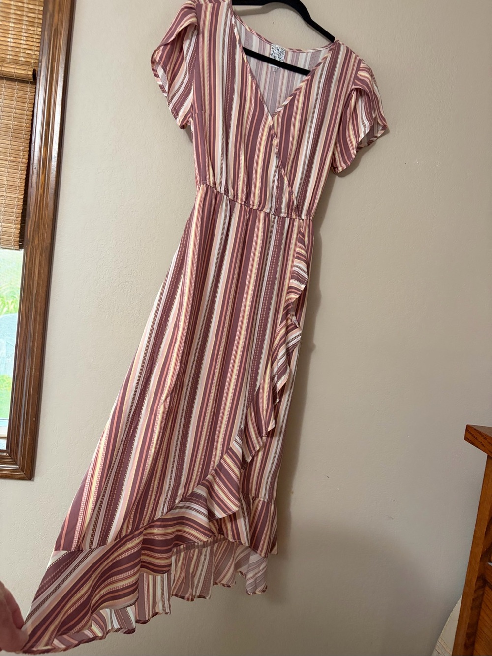 Naïf Striped Faux Wrap High Low Dress Large Ruffle Flutter Sleeve Boho Midi